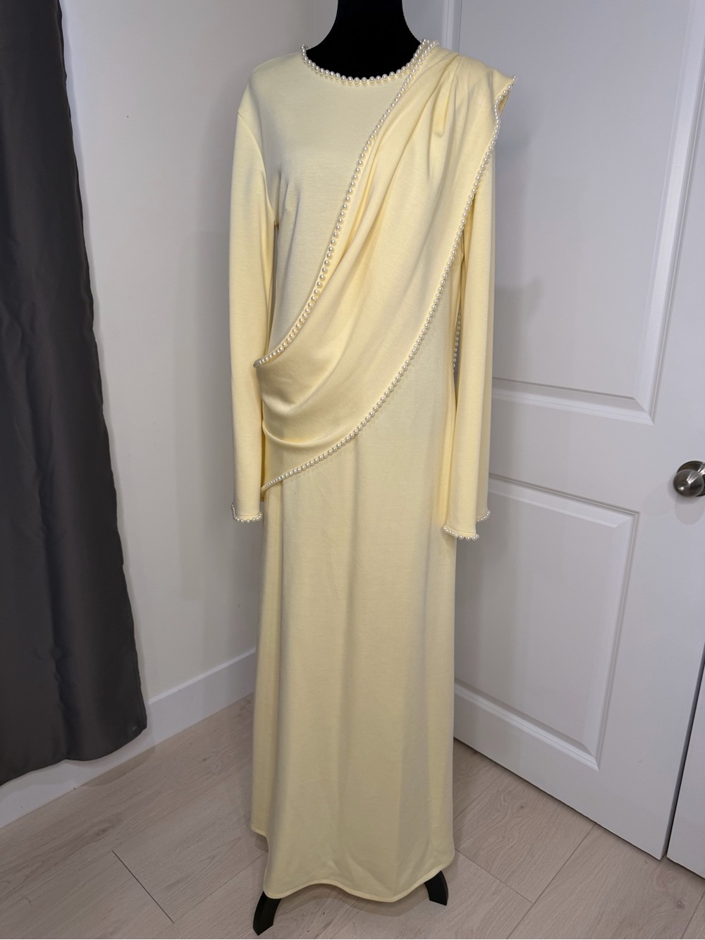 Elegant Pale Yellow Draped Maxi Dress with Pearl Trim
